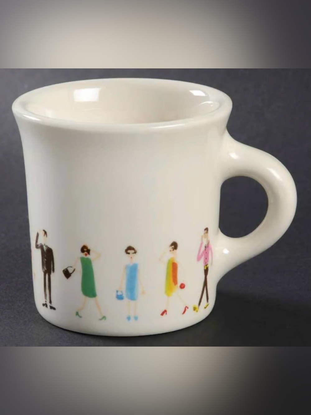Fishs Eddy White Ceramic Diner-Style Mug with Colorful people Illustration